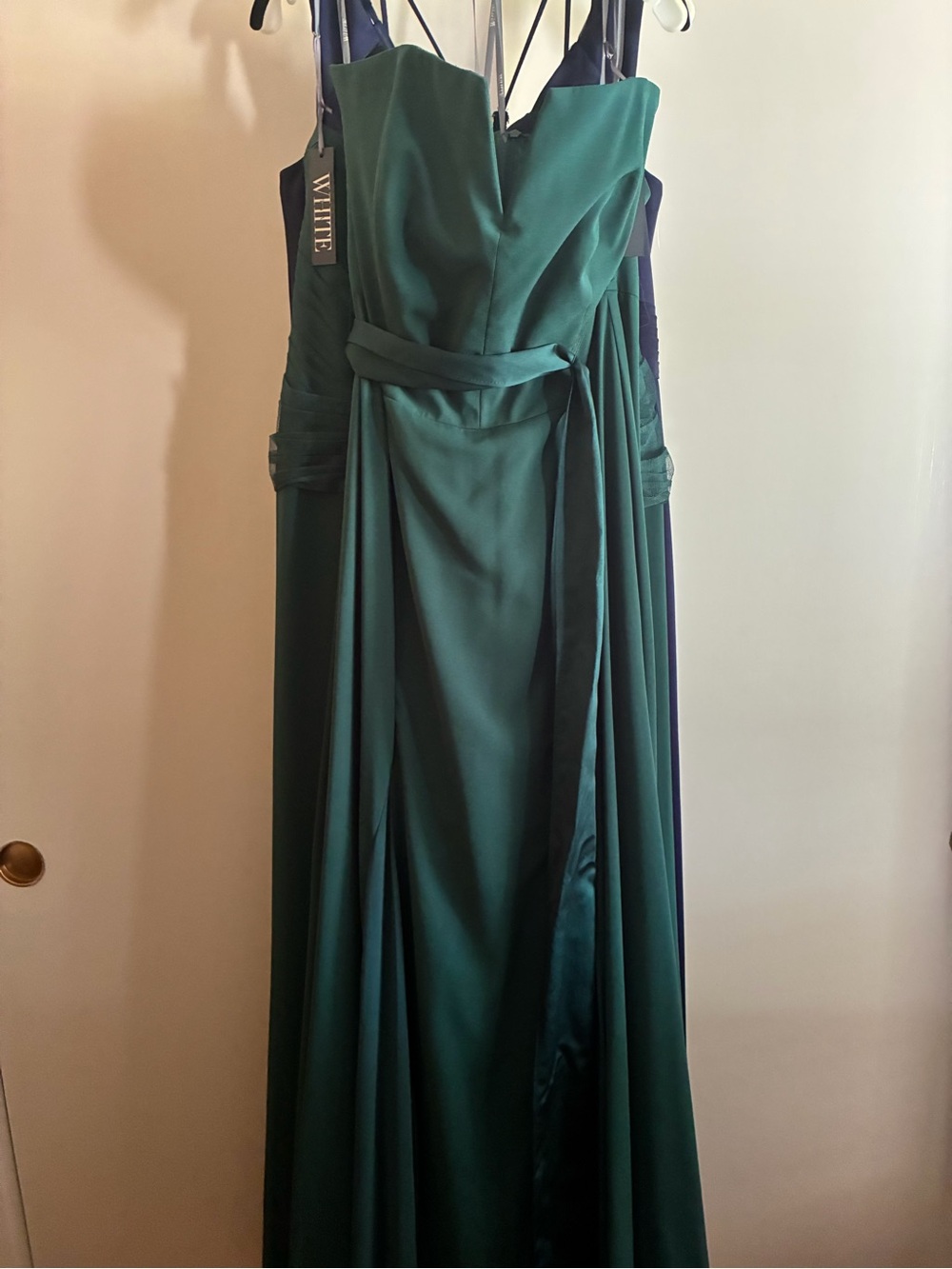 White by Vera Wang Emerald Green Strapless Satin Gown with Sash